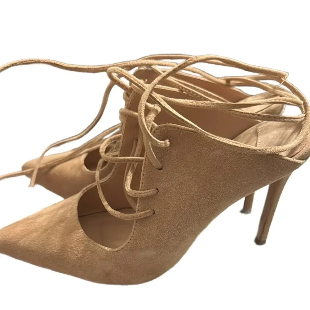 Tony bianco
Beige Pointed Toe Stiletto Shoes Caged Lace Up Pumps for Women